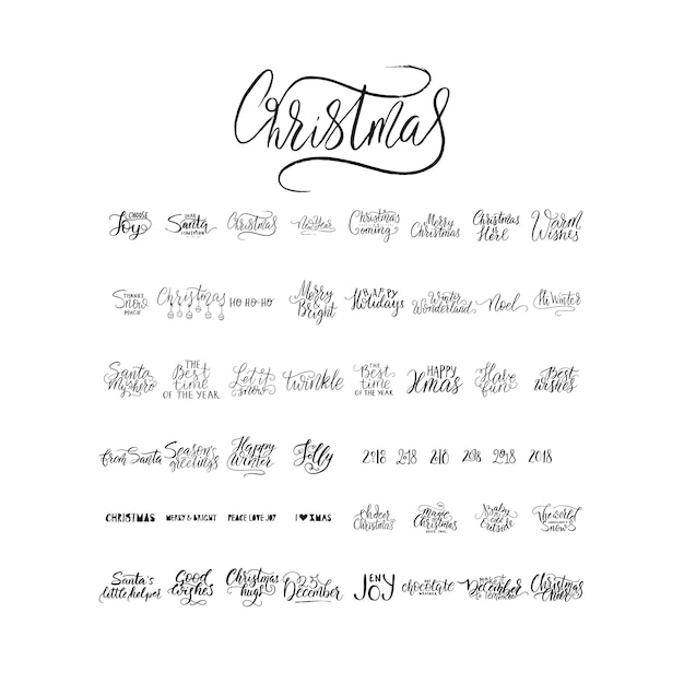 Merry Christmas brush lettering typography 50 winter vector hand drawn lettering