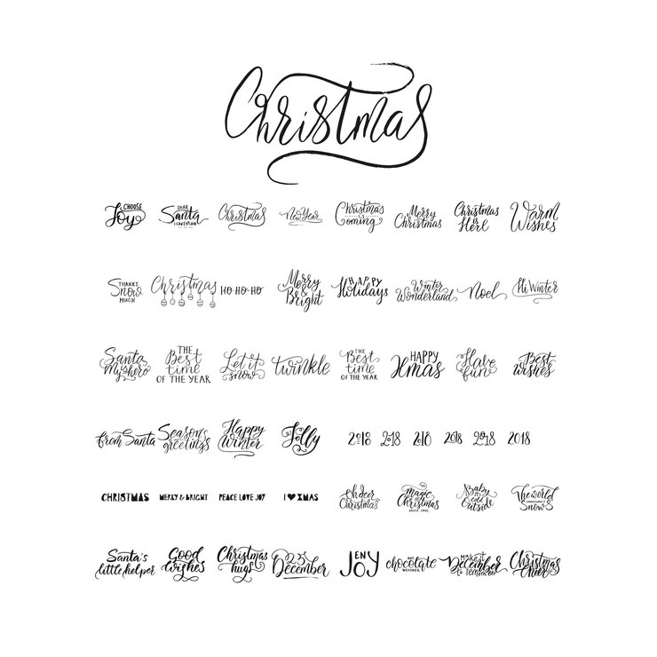 Vector merry christmas brush lettering typography 50 winter vector hand drawn lettering
