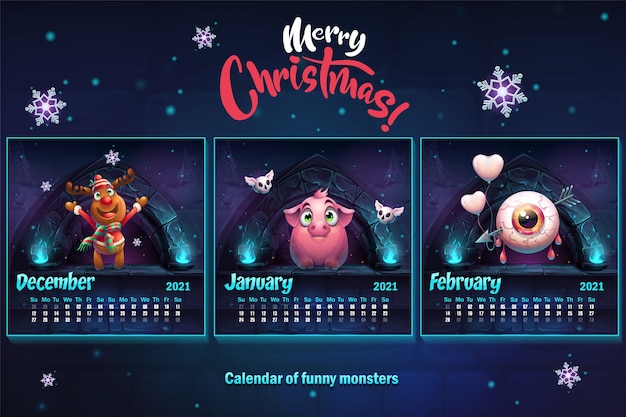 Merry christmas calendar 2021, winter. december, january, february.