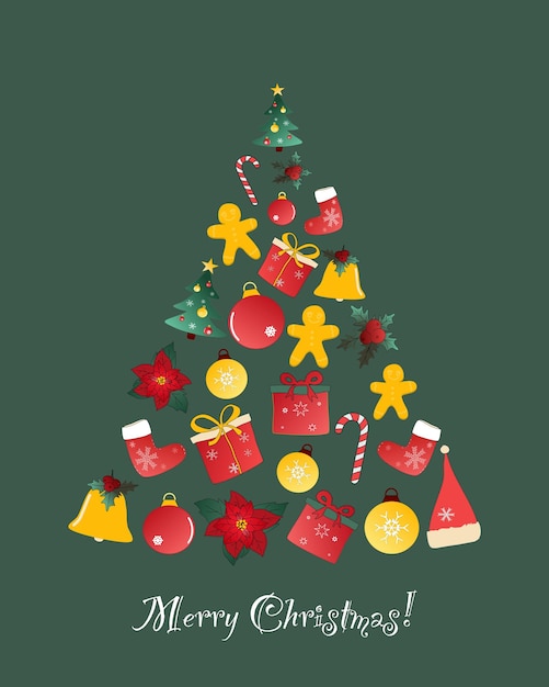 Merry christmas calligraphic inscription and christmas tree with christmas decoration elements on green background.