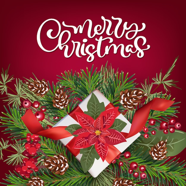 Vector merry christmas calligraphic text. greeting card  with poinsetia floral decoration