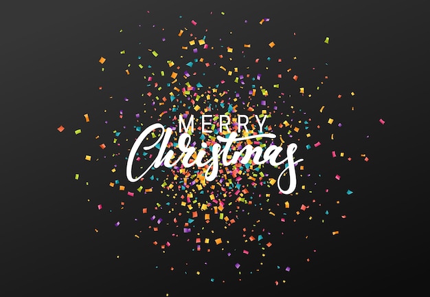 Vector merry christmas calligraphy text. background with colorful confetti texture.