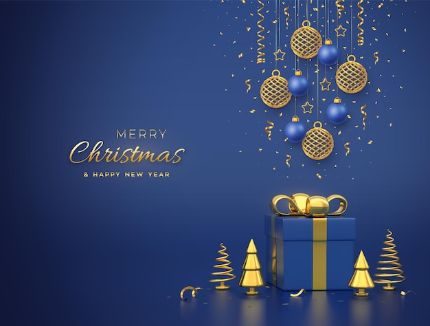 Merry christmas card banner with hanging shining gold and blue balls golden stars confetti on blue background Gift box and golden metallic pine or fir cone shape spruce trees Vector illustration