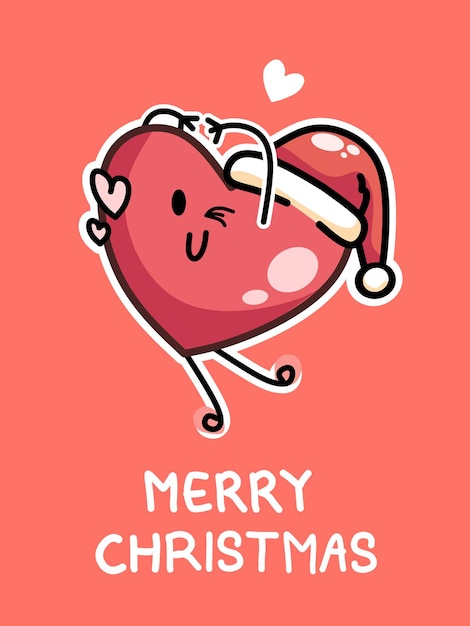 Merry christmas card design with happy red heart wearing santa hat