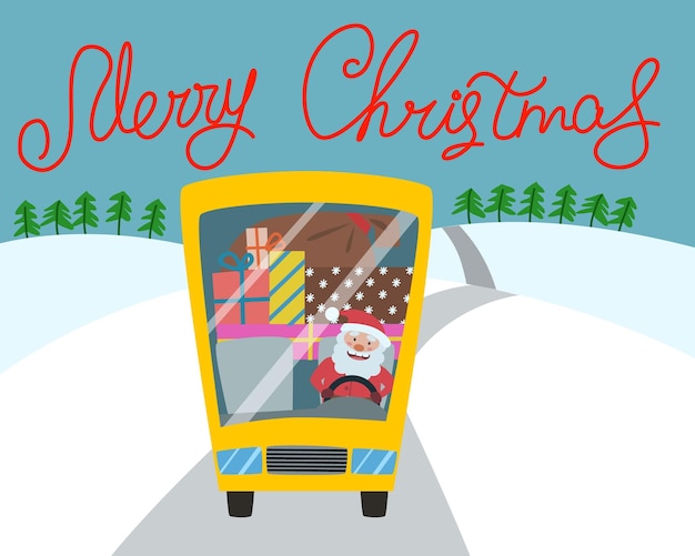 Vector merry christmas card een gele kerstbus met de kerstman, een boom en cadeautjes rijdt langs de weg