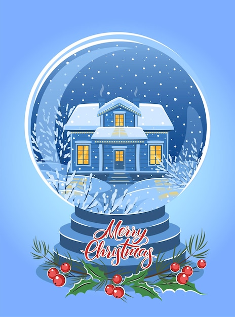 Merry christmas card glass ball with house. Vector illustration