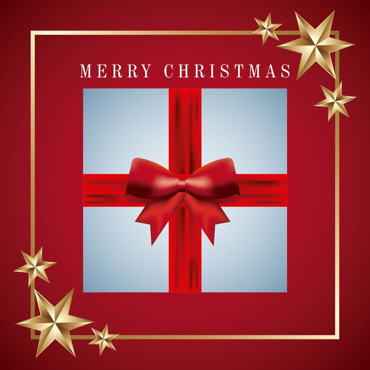 Vector merry christmas card invitation gift wrapped ribbon bow  and gold stars