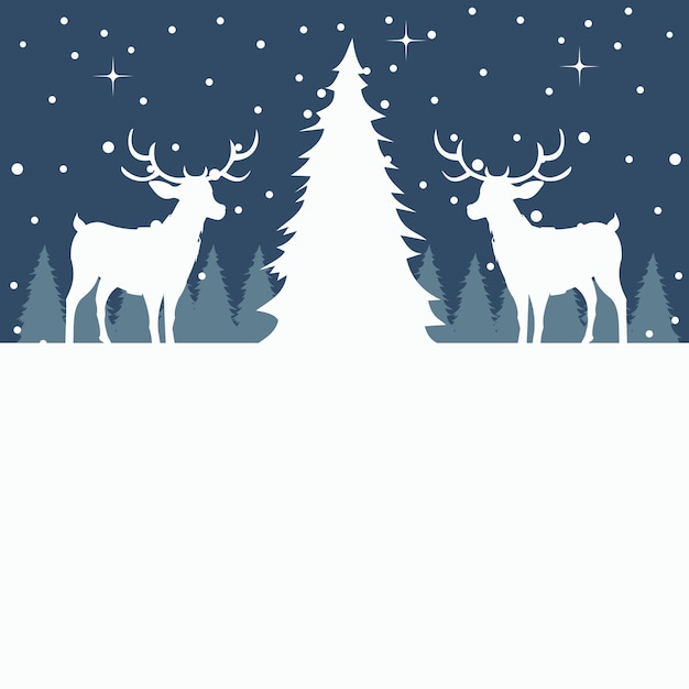 Merry christmas card of tree and reindeer in the snow