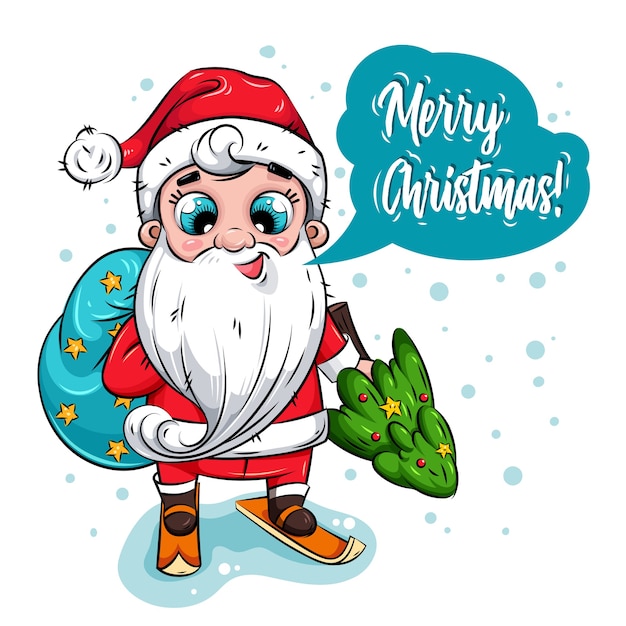 С Рождеством Христовым открытка. Дед Мороз с большой сумкой и елкой катается на лыжах. Рождественский персонаж.