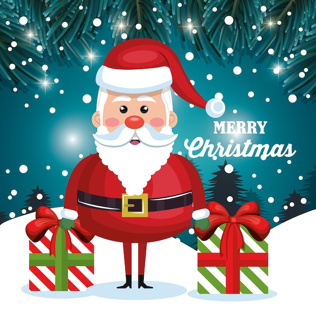 merry christmas card santa and gift with snow 