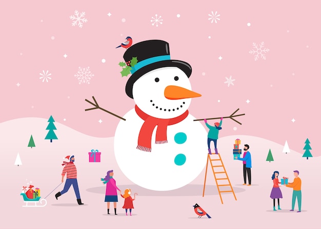 Merry christmas card sjabloon, achtergrond, bannner met enorme sneeuwpop en kleine mensen, jonge mannen en vrouwen, gezinnen met plezier in de sneeuw