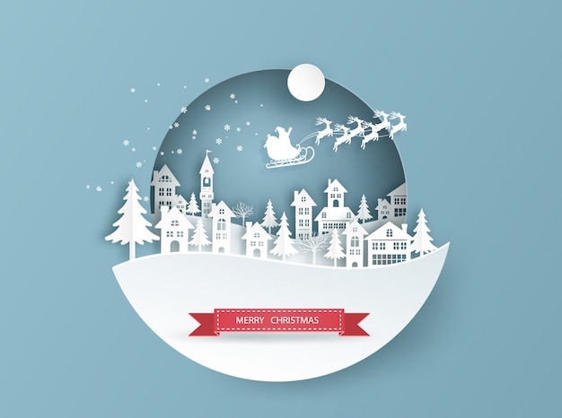 Vector merry christmas card in winter landscape with houses and building and santa claus on the sky