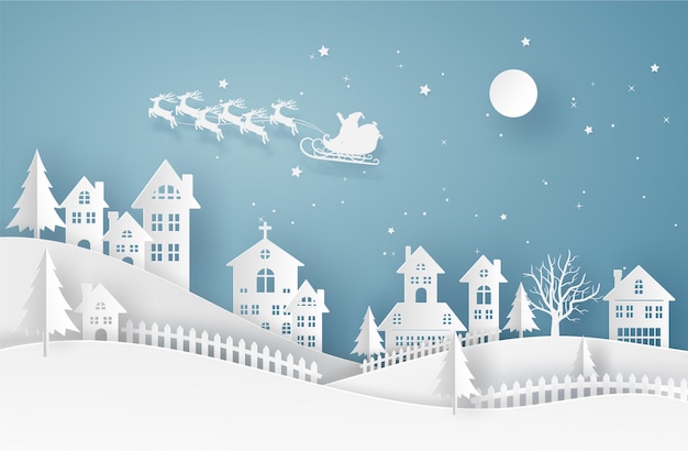 Merry Christmas card in winter landscape with houses and building and Santa Claus on the sky.