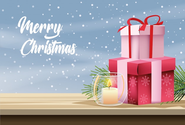 Merry christmas card with candle and gifts vector illustration design