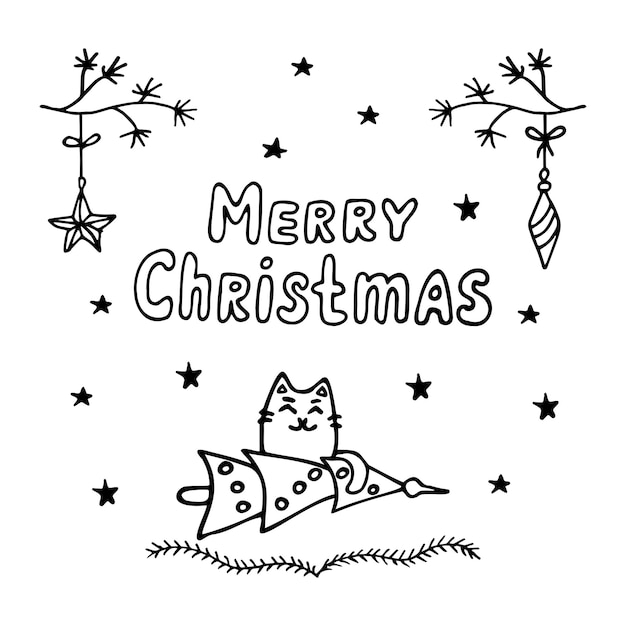 Merry Christmas card with cat and Christmas tree in the style of a doodle