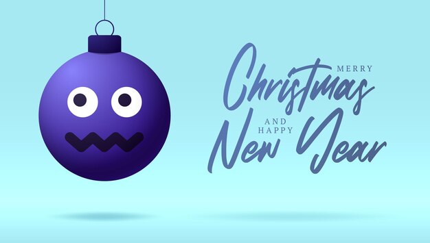 Merry Christmas card with Dizzy confused smile emoji face. Vector illustration in flat style with Xmas lettering and emotion in christmas ball hang on thread on background