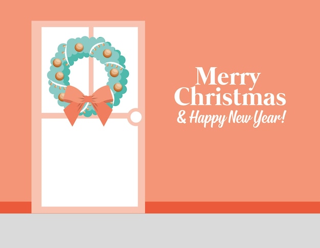 Merry christmas card with door and advent wreath .vector illustration