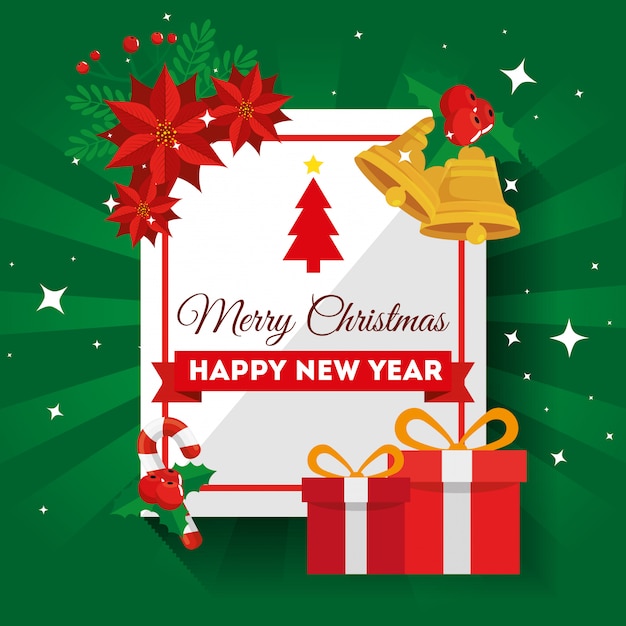 merry christmas card with gift boxes and decoration