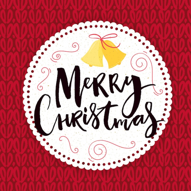 С Рождеством Христовым открытка с ручной надписью в рамке круга на связанной красной текстуре.