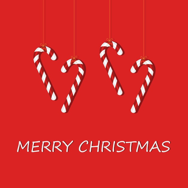 Vector merry christmas card with hanging candy cane on red background creative minimal christmas art