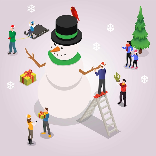 Merry Christmas card with a huge snowman and small people isometric 3d