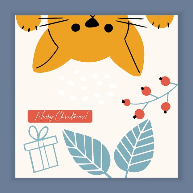 Merry christmas card with kitty cat and holiday elements and symbols