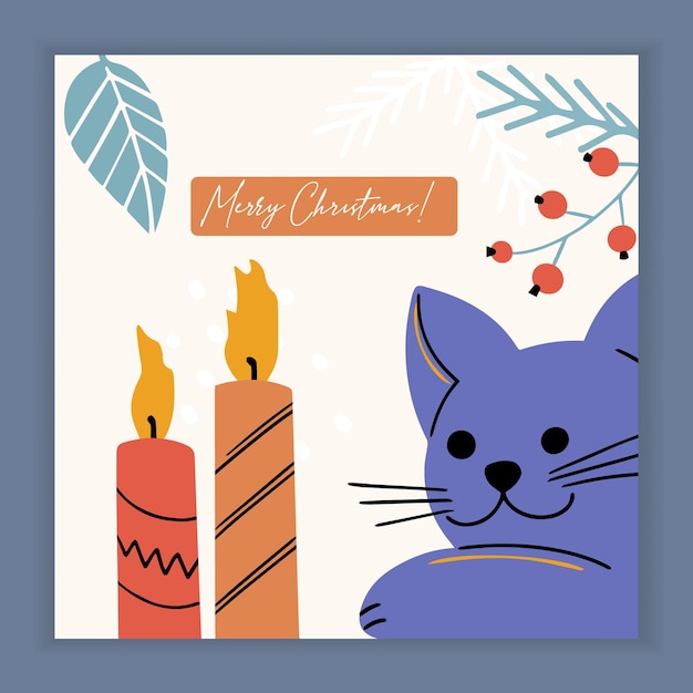 Merry christmas card with kitty cat and holiday elements and symbols