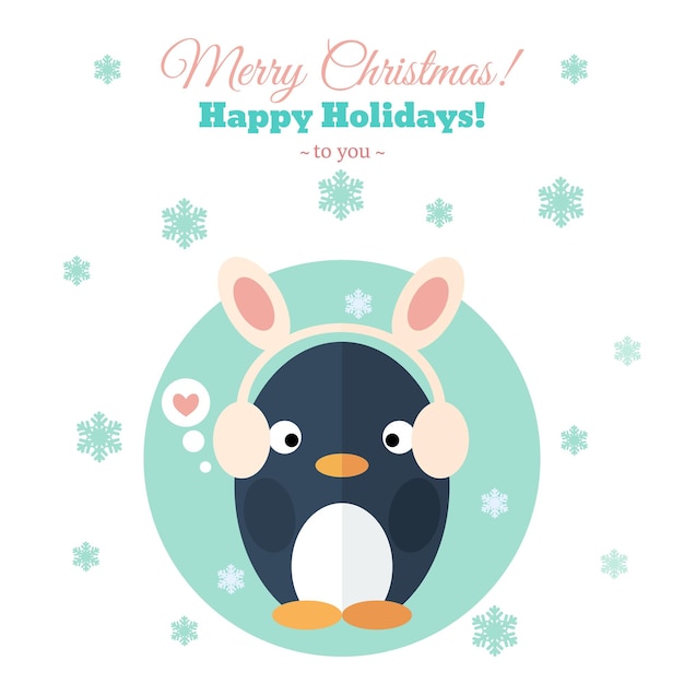 Merry Christmas card with penguin in funny hat and snowflakes Vector flat illustration