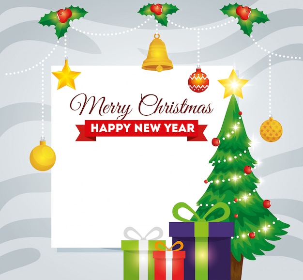 merry christmas card with pine tree and gift boxes