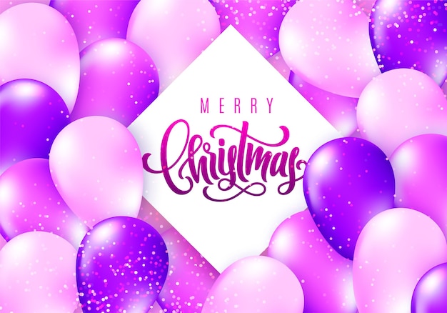 Merry Christmas card with realistic glossy flying balloons and sparkling confetti