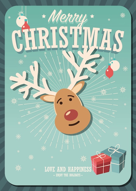 Merry Christmas card with reindeer and gift boxes