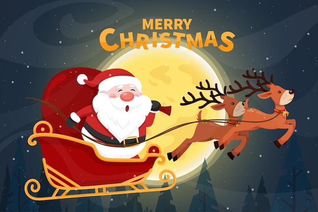 。サンタクロースが夜にトナカイとそりで空を飛んでいるメリークリスマスカード、美しい満月