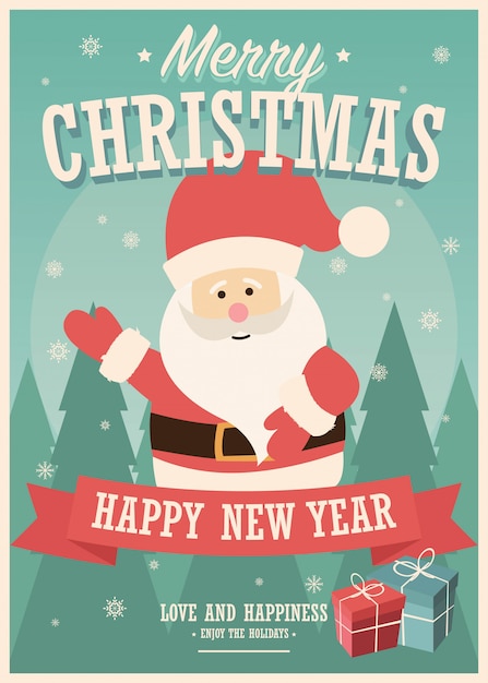 Merry Christmas card with Santa Claus and gift boxes 