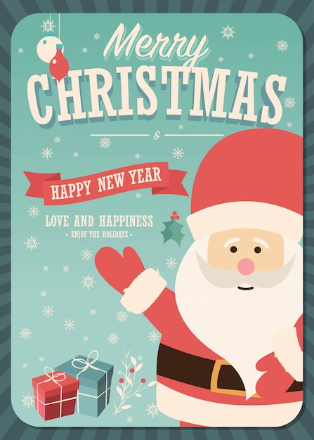 Vector merry christmas card with santa claus and gift boxes