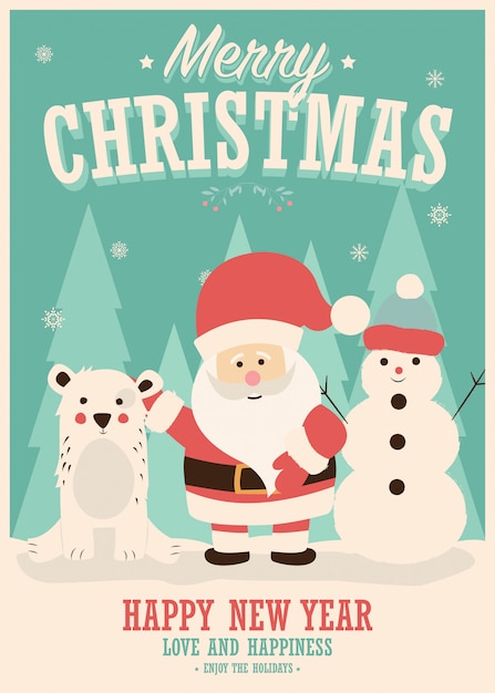 Merry christmas card with santa claus, snowman and reindeer