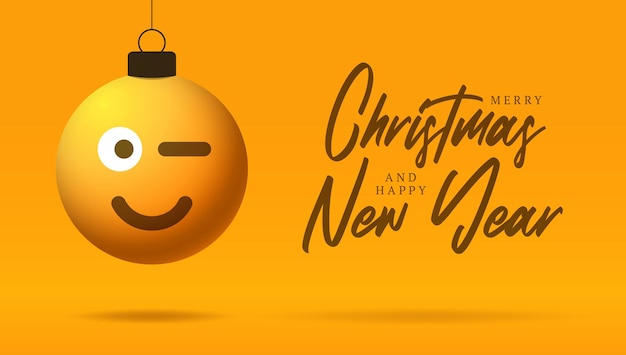 Cartolina di natale con faccina sorridente emoji. illustrazione vettoriale in stile piatto con scritte natalizie ed emozione nella palla di natale appesa al filo sullo sfondo