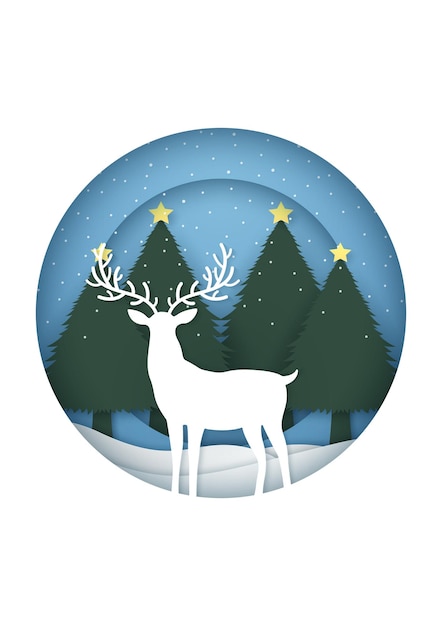 Vector merry christmas card with snowfall on christmas trees and reindeer in circular frame in paper cut