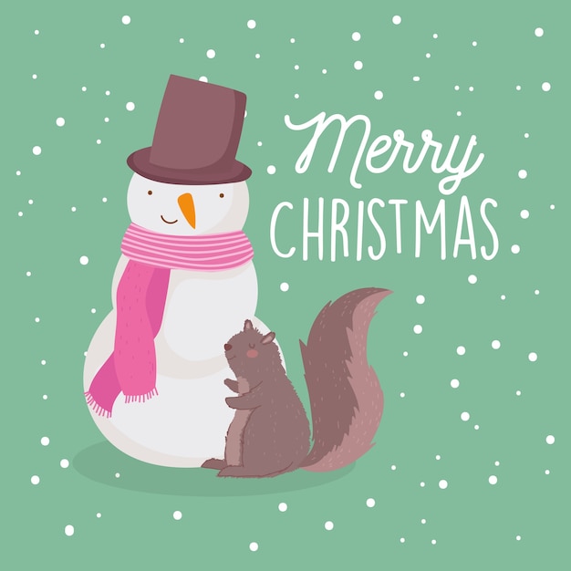 Merry christmas card with snowman squirrel snowflakes