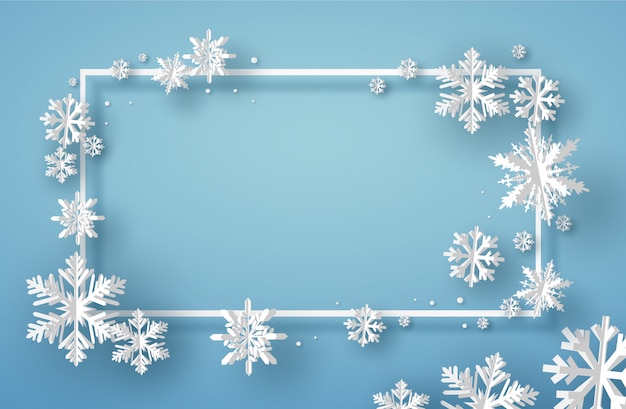 Vector merry christmas card with square frame and white origami snowflake or ice crystal on blue background