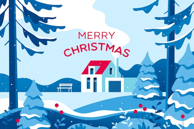 Merry Christmas card with winter landscape