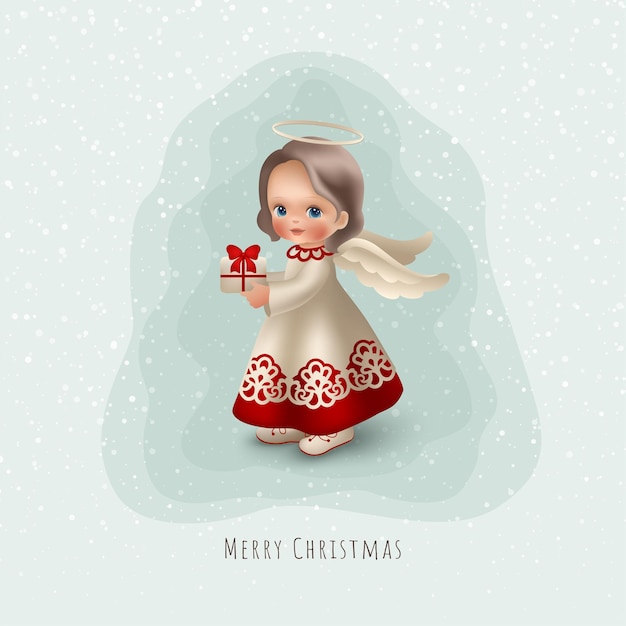 눈이 밝은 배경에서 선물을 들고 있는 메리 크리스마스 만화 천사. 휴일 벡터 재고 디자인입니다.