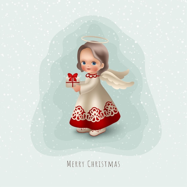 Merry Christmas cartoon angel with gift on a light backdrop with snow. Holiday vector stock design.