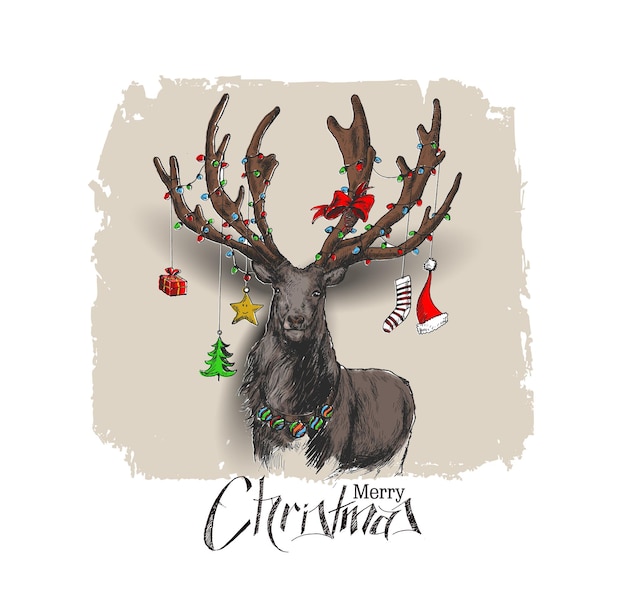 Merry christmas! cartoon style hand sketchy drawing of reindeer, vector illustration