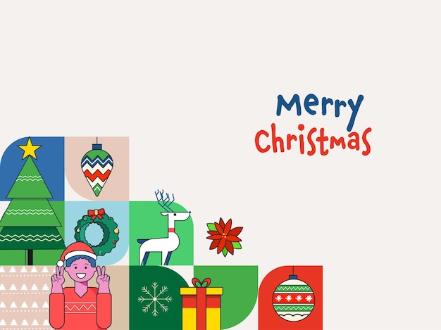 Merry christmas celebration background with festival elements and cheerful young boy showing peace symbol.