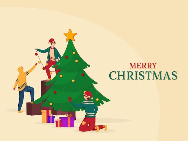パステル イエローの背景にクリスマス ツリーを飾る漫画の子供たちとメリー クリスマスのお祝いのコンセプト