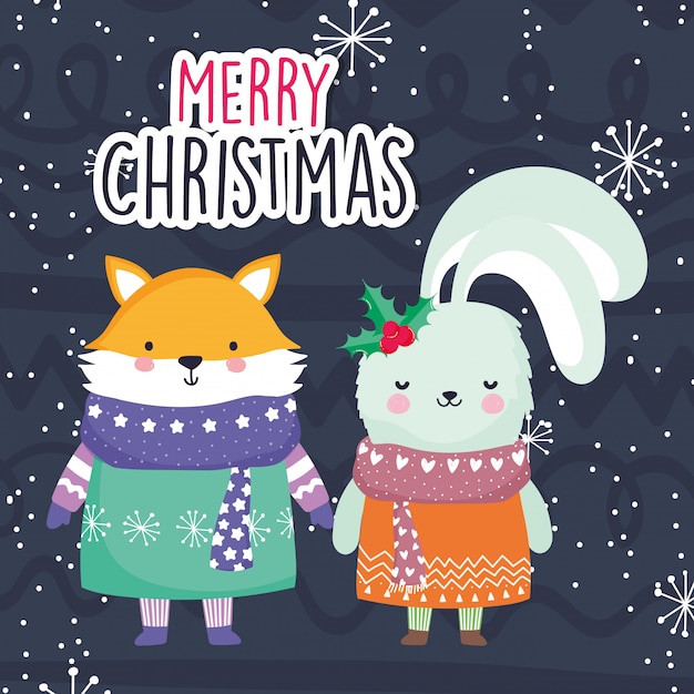 Merry christmas celebration cute fox and rabbit with sweater and scarf snow