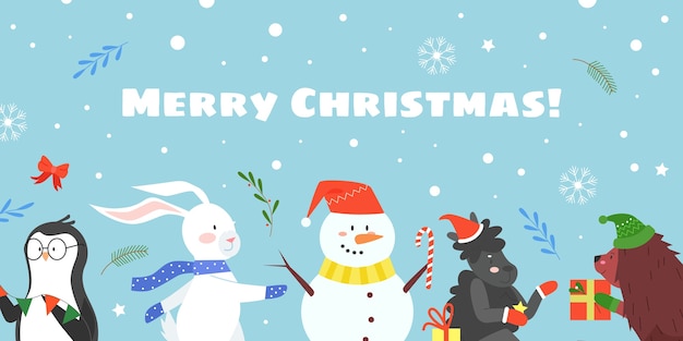 メリークリスマスのお祝いフラットベクトルイラスト、ハッピークリスマスの漫画の動物の仲間