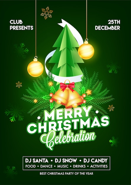 Vector merry christmas celebration template or flyer  with paper cut xmas tree, jingle bell, pine leaves and hanging baubles decorated on green .