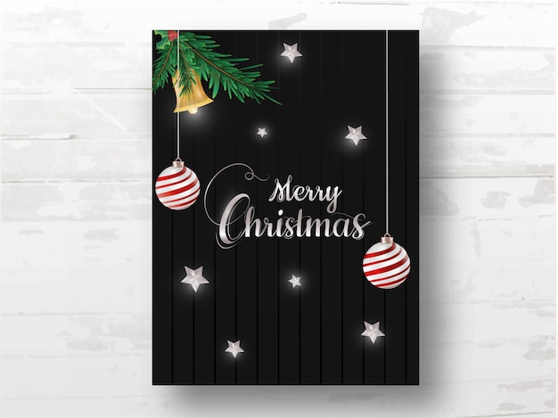 Merry christmas celebration template with realistic jingle bell, hanging baubles, pine leaves, holly berry and star decorated on black wooden background.