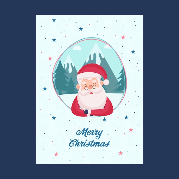 Merry Christmas Celebration wenskaart met schattige kerstman kerstboom berg en sterren op pastel blauwe achtergrond